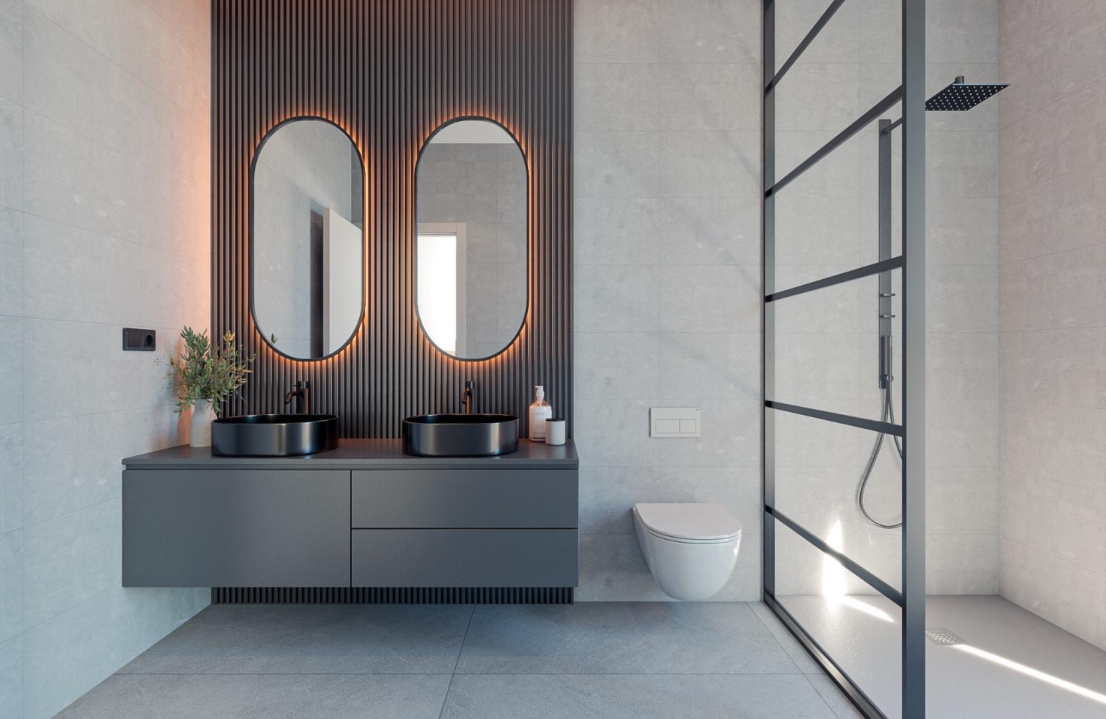 Villa bathroom with backlit mirrors