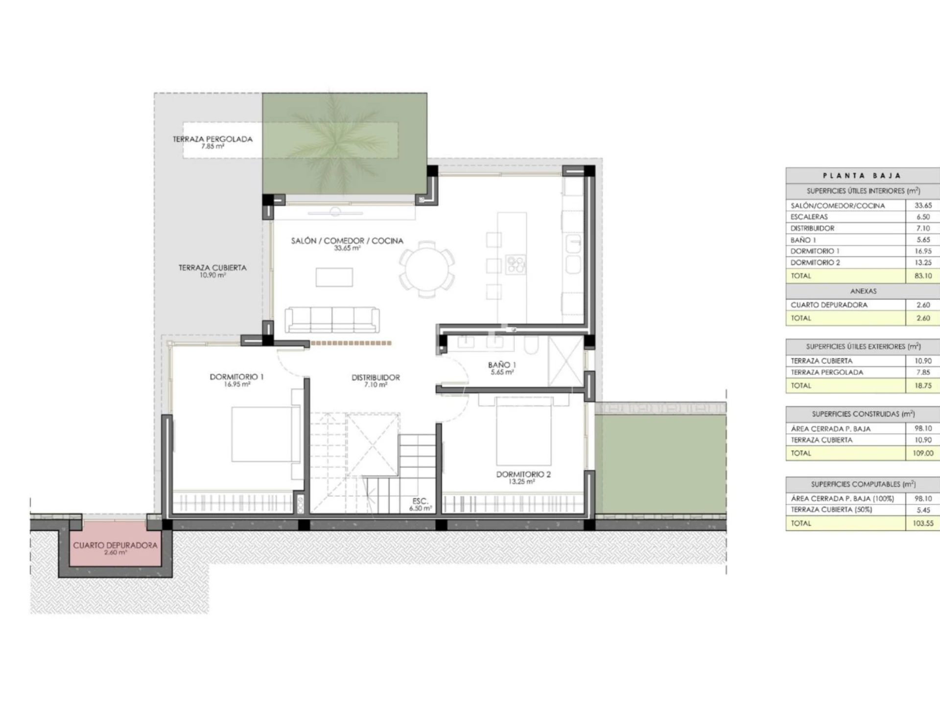 Villa main floor plan with living-dining-kitchen, two bedrooms, bathroom and terraces