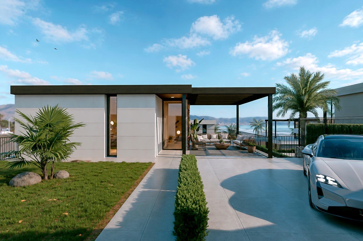 Villa entrance with pergola terrace and sea view